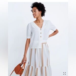 Madewell Linen-Blend Plaza Button-Front Shirt White Puff Sleeve Top Size Medium